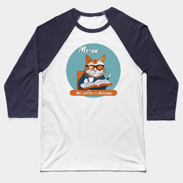 Coffee-loving reading cat Baseball T-Shirt by Novaldesign